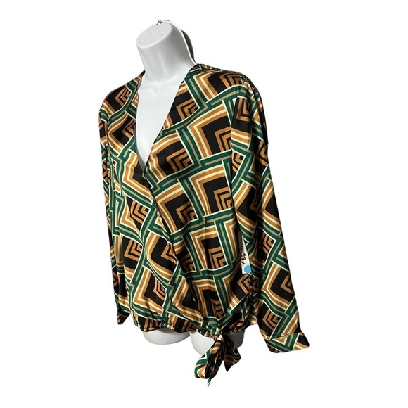 Drew Vienna Blouse Abstract Green Geometric Lightweight Relaxed Fit Wrap Tie Top - Picture 2 of 9